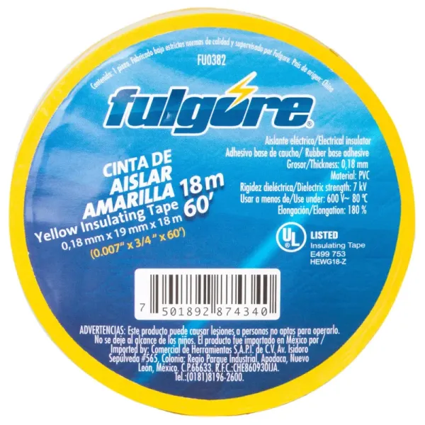 Cinta De Aislar Amarilla 18 Metros Fulgore 19 Mm X 0.18 Mm (FU0382)