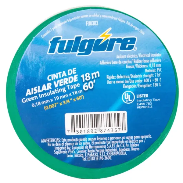 Cinta De Aislar Verde 18 Metros Fulgore 19 Mm X 0.18 Mm (FU0383)