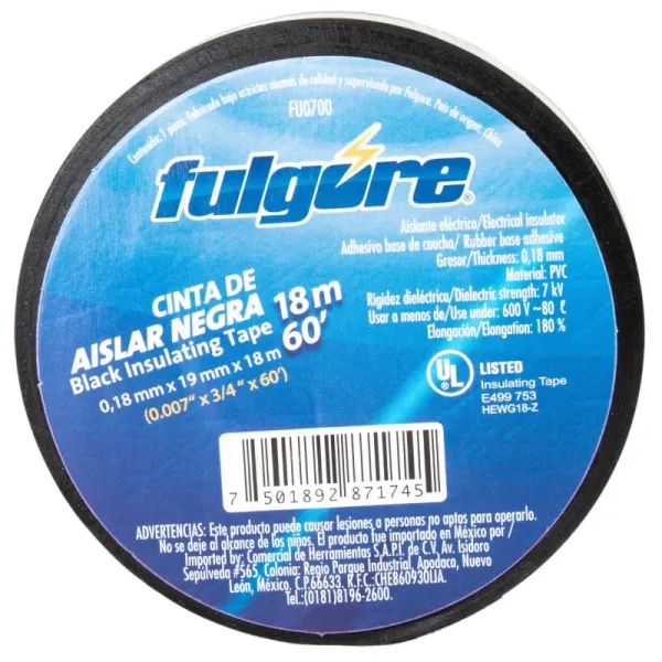 Cinta De Aislar Negra 18 Metros Fulgore 19 Mm X 0.18 Mm (FU0700)
