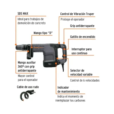 Martillo Demoledor Sds Max 25 Joules, 1.500 W, 1.900 Gpm Truper