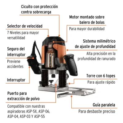Ruteadora Profesional 1.200 W, 7 Velocidades Con Accesorios Truper