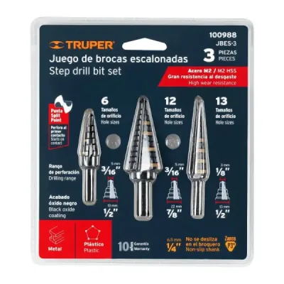 Juego De 3 Brocas Escalonadas De 6, 12 Y 13 En Óxido Negro Truper