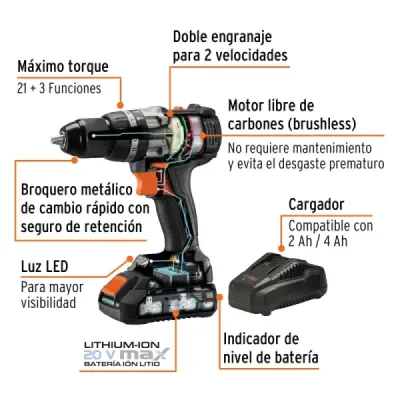 Taladro Percutor Inalámbrico De 1/2", 20 V Y Torque 39 Nm Truper