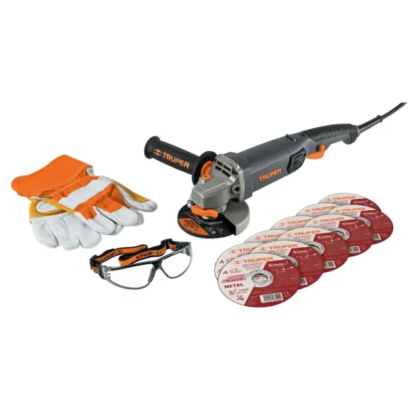 Combo De Pulidora 4.1/2", 950 W, 11 Discos, Guantes Y Gafas Truper (COMBOE-4590N - 101456)