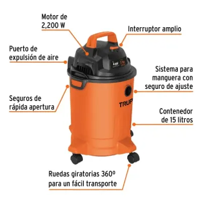 Aspiradora Sopladora 2200 W 15 L Truper Sólidos Y Líquidos