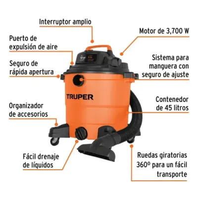 Aspiradora Sopladora 3700 W 45 L Truper Sólidos Y Líquidos