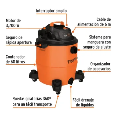 Aspiradora Sopladora 3700 W 60 L Truper Sólidos Y Líquidos