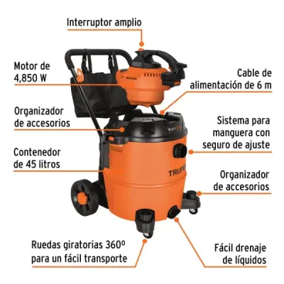 Aspiradora Sopladora 4850 W 60 L Truper Sólidos Y Líquidos