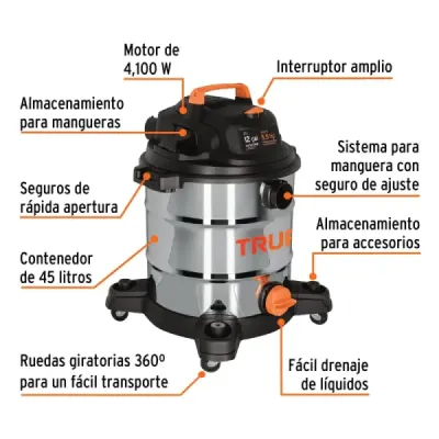 Aspiradora Sopladora 4100 W 45 L Truper Acero Inoxidable