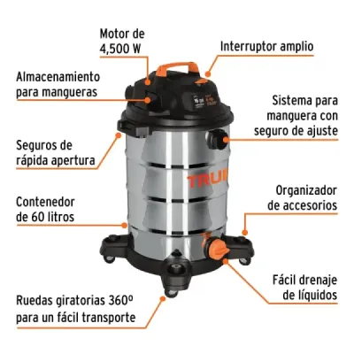 Aspiradora Sopladora 4500 W 60 L Truper Acero Inoxidable