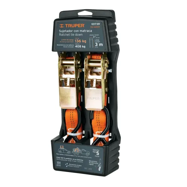 Set De 2 Eslingas Con Ratchet 408 Kg, 3 M, Gancho Tipo S Truper (SU-400R - 101739)