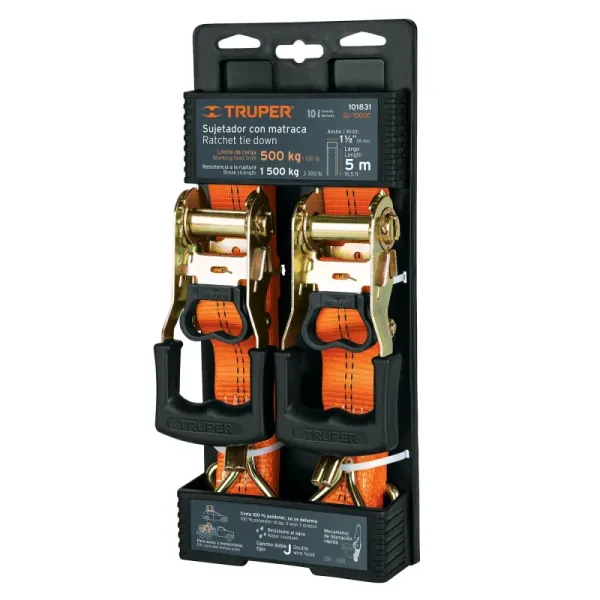 Set De 2 Eslingas Con Ratchet 1.500 Kg, 5 M, Gancho Doble J Truper (SU-1500C - 101831)