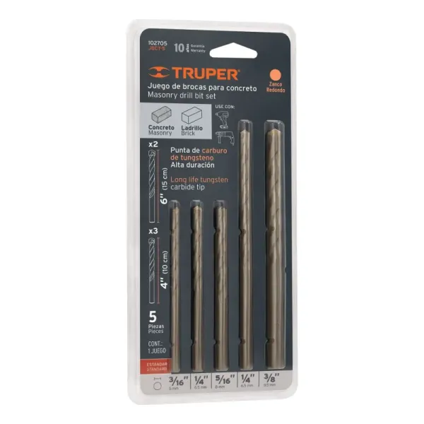 Juego 5 Brocas 3/16' A 3/8' Concreto Truper Rotomartillo (JBCT-5 - 102705)
