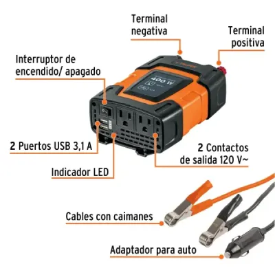 Inversor De Corriente 400 W Para Carro, Con Usb Y 2 Enchufes Truper