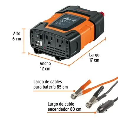 Inversor De Corriente 400 W Para Carro, Con Usb Y 2 Enchufes Truper