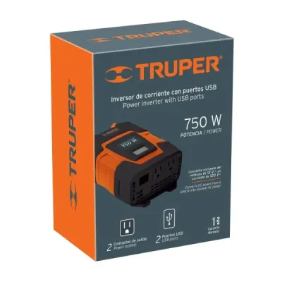 Inversor De Corriente 750 W Para Carro, Con Usb Y 2 Enchufes Truper
