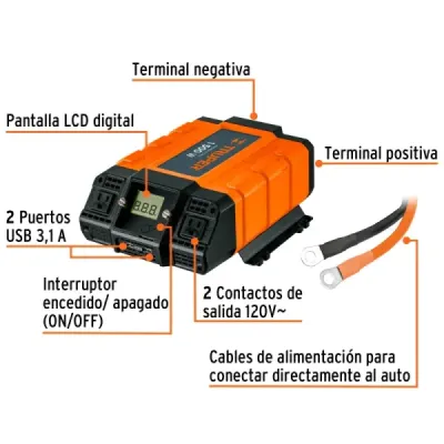 Inversor De Corriente 1500 W Para Carro Con Usb Y 2 Enchufes Truper