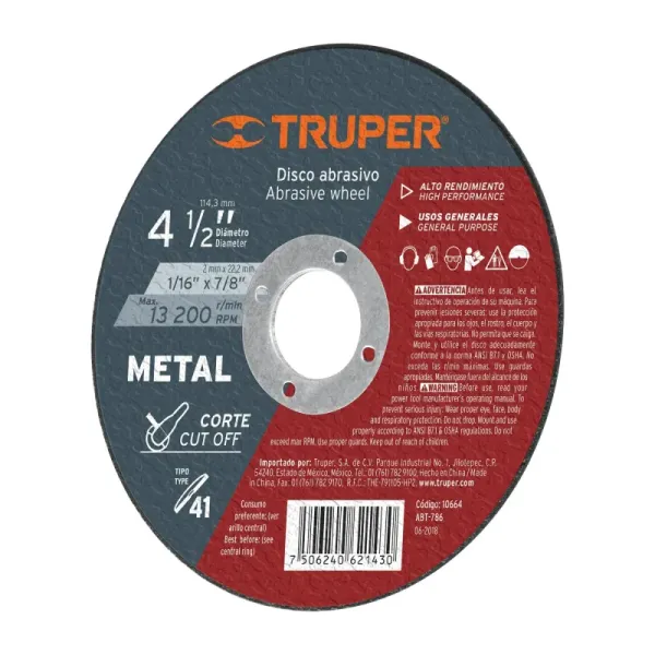 Disco Corte De Metal De 4.1/2", Uso General Truper (ABT-786 - 10664)