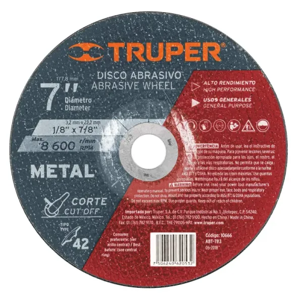 Disco Para Corte De Metal De 7", 3.2 Mm, 8.500 Rpm Truper (ABT-783 - 10666)