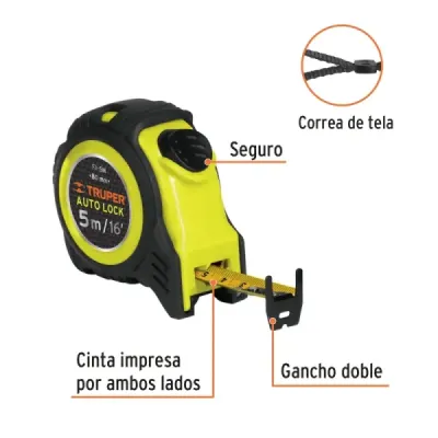 Flexómetro Auto Lock De 5 M Anti-Impacto, Uso Profesional Truper