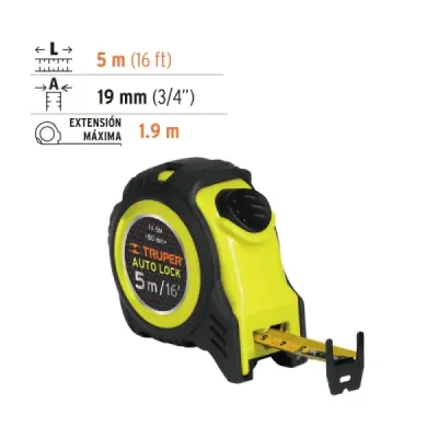 Flexómetro Auto Lock De 5 M Anti-Impacto, Uso Profesional Truper