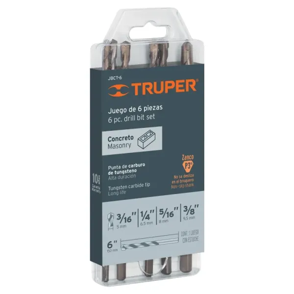 Juego De 6 Brocas Para Concreto Y Ladrillo 3/16" A 3/8" Truper (JBCT-6 - 11295)