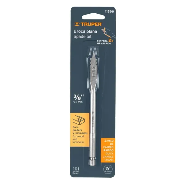 Broca Espada Para Madera De 3/8", Zanco Hexagonal 1/4" Truper (BPT-3/8 - 11366)