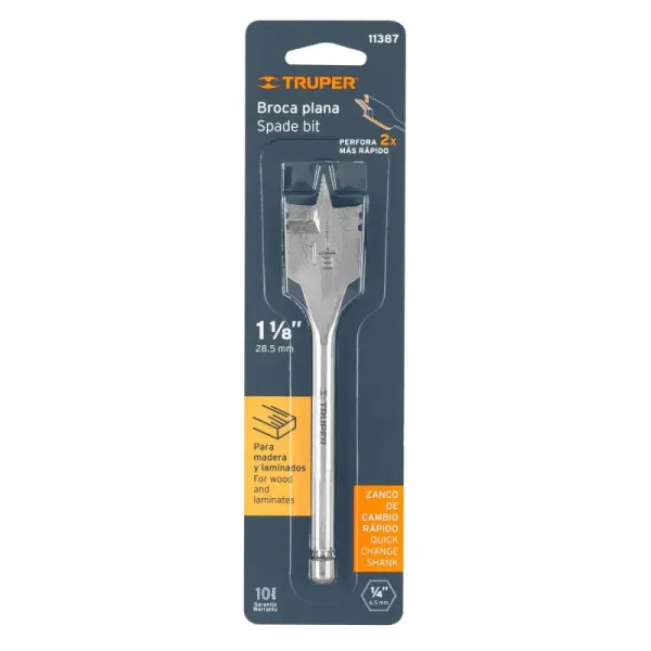 Broca Espada Para Madera De 1.1/8", Zanco Hexagonal 1/4" Truper (BPT-1-1/8 - 11387)