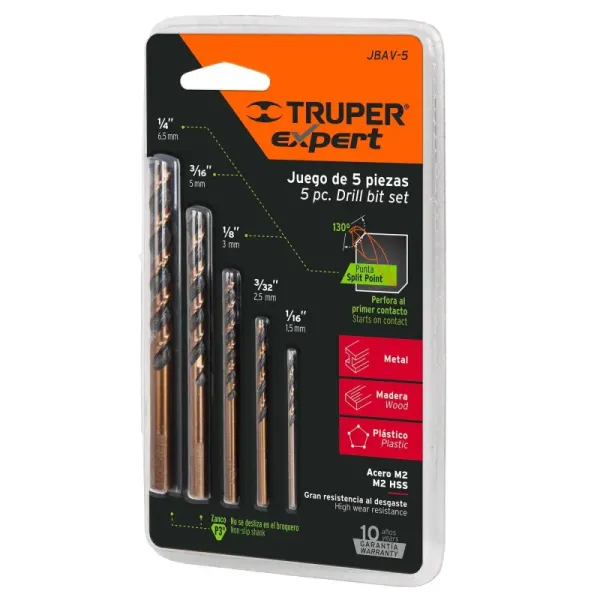 Juego De 5 Brocas Acero Rápido Para Metal, Madera Y Plástico Truper (JBAV-5 - 11394)