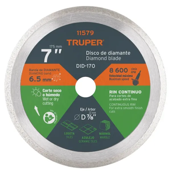 Disco De Diamante Rin Continuo De 7", Centro 7/8" Truper (DID-170 - 11579)