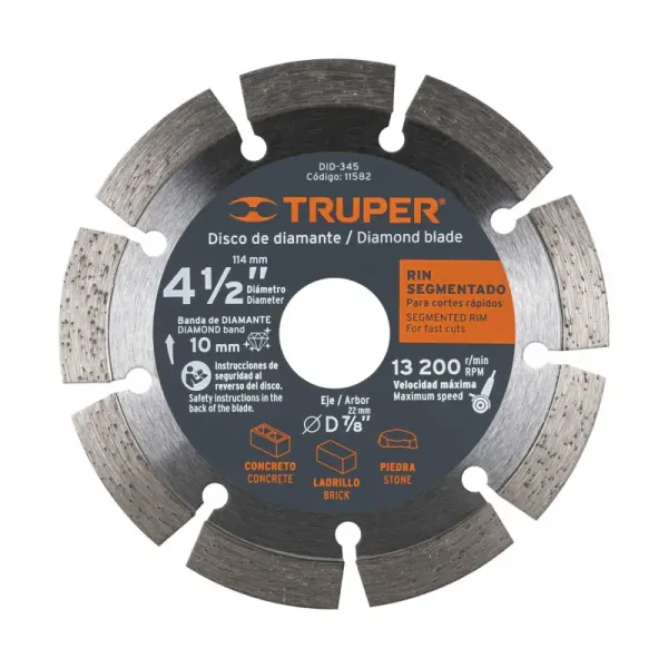 Disco De Diamante Rin Segmentado De 4.1/2", Centro 7/8" Truper (DID-345 - 11582)