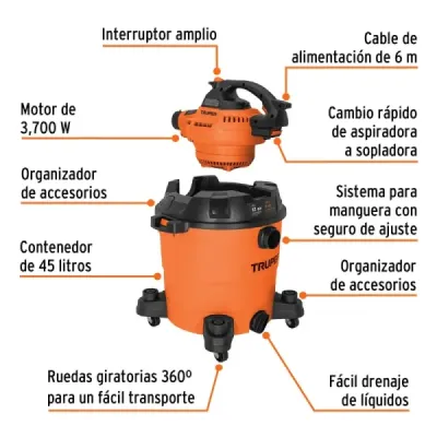 Aspiradora Sopladora 3700 W 45 L Truper Sólidos Y Líquidos