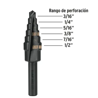Broca Escalonada 3/16" A 1/2" De 6 Escalones Óxido Negro Truper