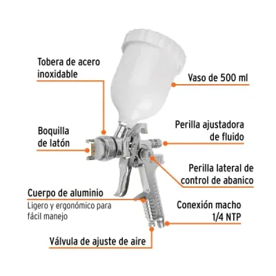 Pistola De Gravedad Hvlp 500 Ml, 1.4 Mm Con Vaso Plástico Truper