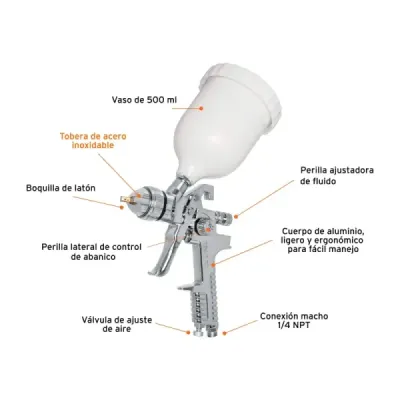 Pistola De Gravedad Hvlp 500 Ml, 1.7 Mm Con Vaso Plástico Truper