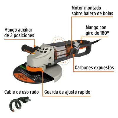 Pulidora Angular De 9" Industrial, 2.100 W, 6.200 Rpm Truper
