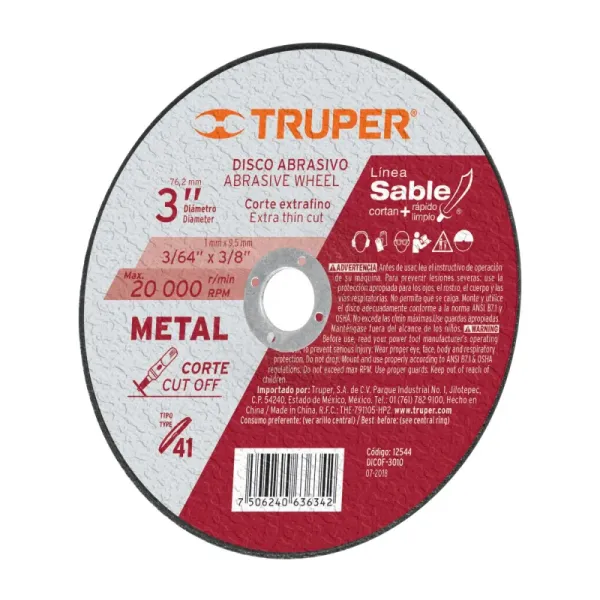 Disco Corte Extrafino De Metal De 3", Alto Rendimiento Truper (DICOF-3010 - 12544)