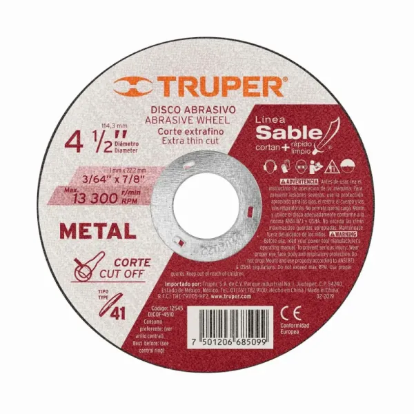 Disco Corte Extrafino De Metal De 4.1/2", Alto Rendimiento Truper (DICOF-4510 - 12545)
