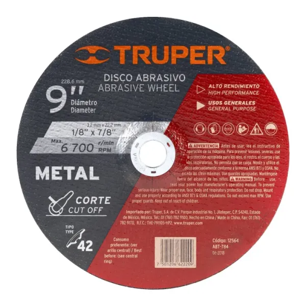 Disco Para Corte De Metal De 9", 3.2 Mm, 6.650 Rpm Truper (ABT-784 - 12564)