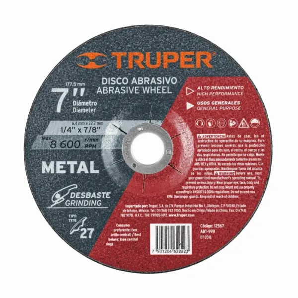 Disco Desbaste De Metal De 7", Uso General Truper (ABT-999 - 12567)