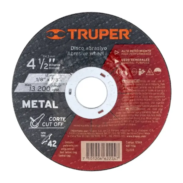 Disco Para Corte De Metal De 4.1/2", 3.2 Mm, 13.200 Rpm Truper (ABT-556 - 12569)
