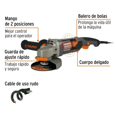 Pulidora Angular De 4.1/2" Industrial, 1.250 W, 11.000 Rpm Truper