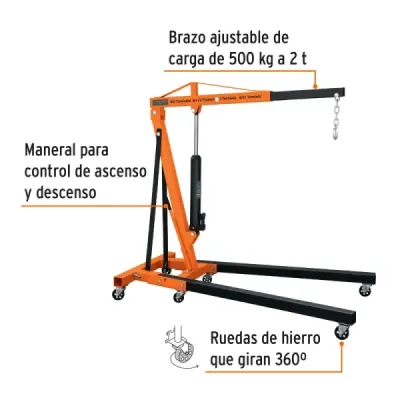Pluma Hidráulica Plegable De 2 Toneladas, Rango 104 X 159 Cm Truper
