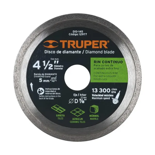 Disco De Diamante Rin Continuo De 4.1/2", Centro 7/8" Truper (DID-145 - 12977)