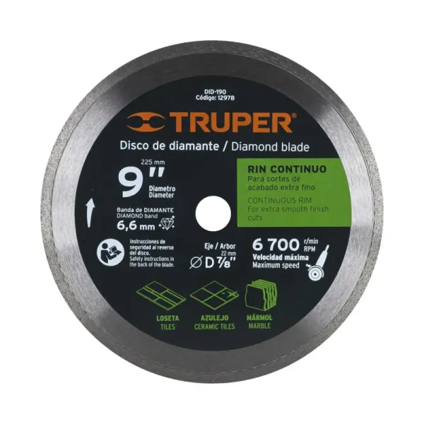Disco De Diamante Rin Continuo De 9", Centro 7/8" Truper (DID-190 - 12978)