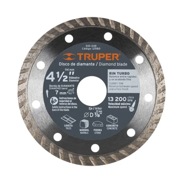Disco De Diamante Rin Turbo De 4.1/2", Centro 7/8" Truper (DID-245 - 12980)