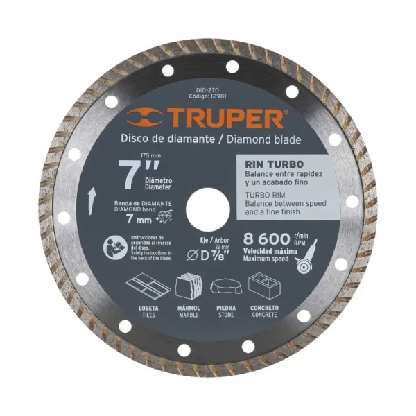 Disco De Diamante Rin Turbo De 7", Centro 7/8" Truper (DID-270 - 12981)