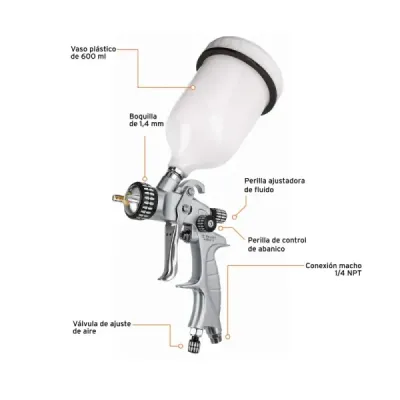 Pistola De Gravedad Hvlp 600 Ml, 1.4 Mm Con Vaso De Nylon Truper
