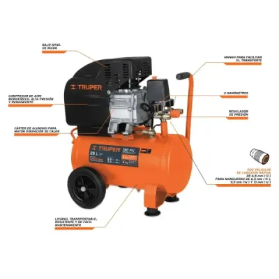 Compresor De Aire De 3 Hp, 25 Litros Con Bobina De Cobre Truper