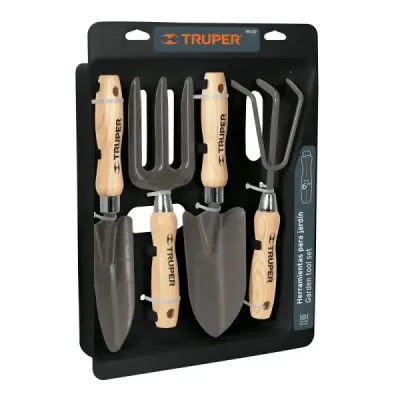 Set 4 Herramientas De Jardín Mango De Madera Y Organizador Truper